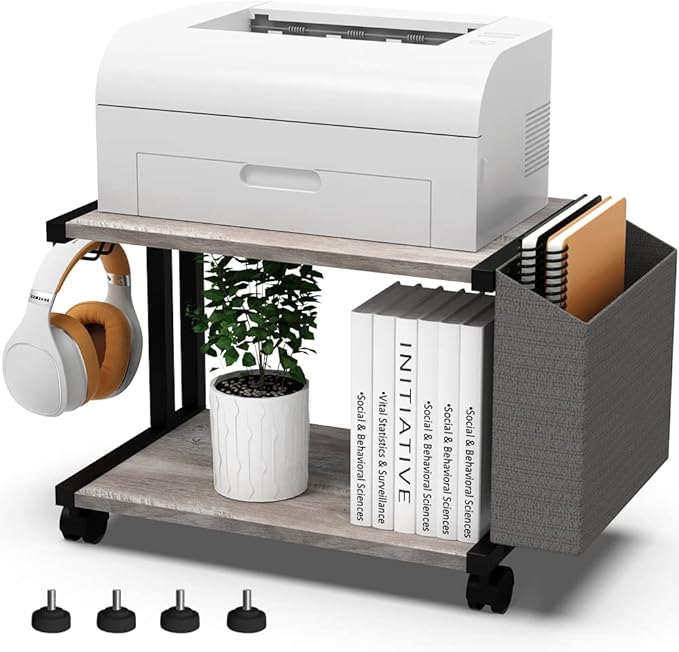 VEDECASA 2 Tier Vintage Greige Wooden Under Desk Printer Stand by VEDECASA