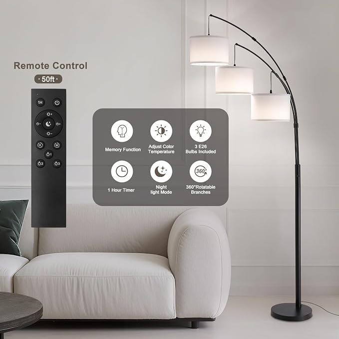 Fansdrick Floor lamp with Remote, 3 Light Arc Floor Lamps - Image 3