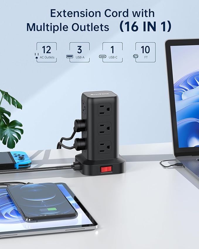 AnnTane Surge Protector Power Strip 10 FT Cord, Power Strip Tower - Image 2
