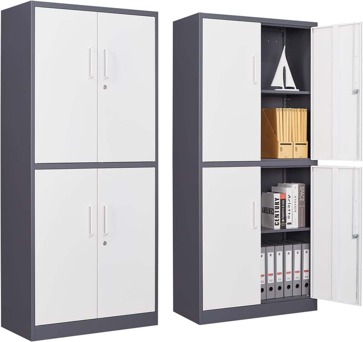 peukc metal storage cabinet with adjustable shelves & shown in use