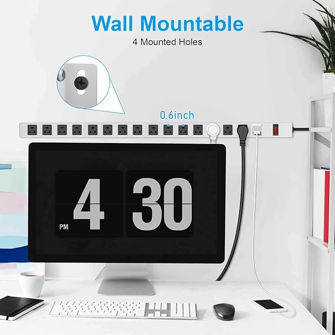 JUNNUJ Metal 16 Outlet Power Strip, Mountable Heavy Duty Power Strip, 1200J - Image 4
