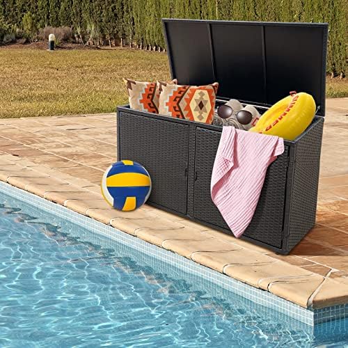 happygrill deck box outdoor wicker storage box cabinet shown in use