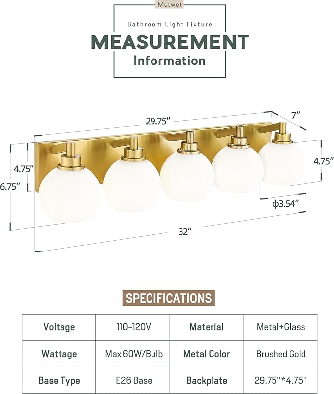 METWET Bathroom Light Fixtures, 5-Light Brushed Gold Bathroom Vanity Lights - Image 2