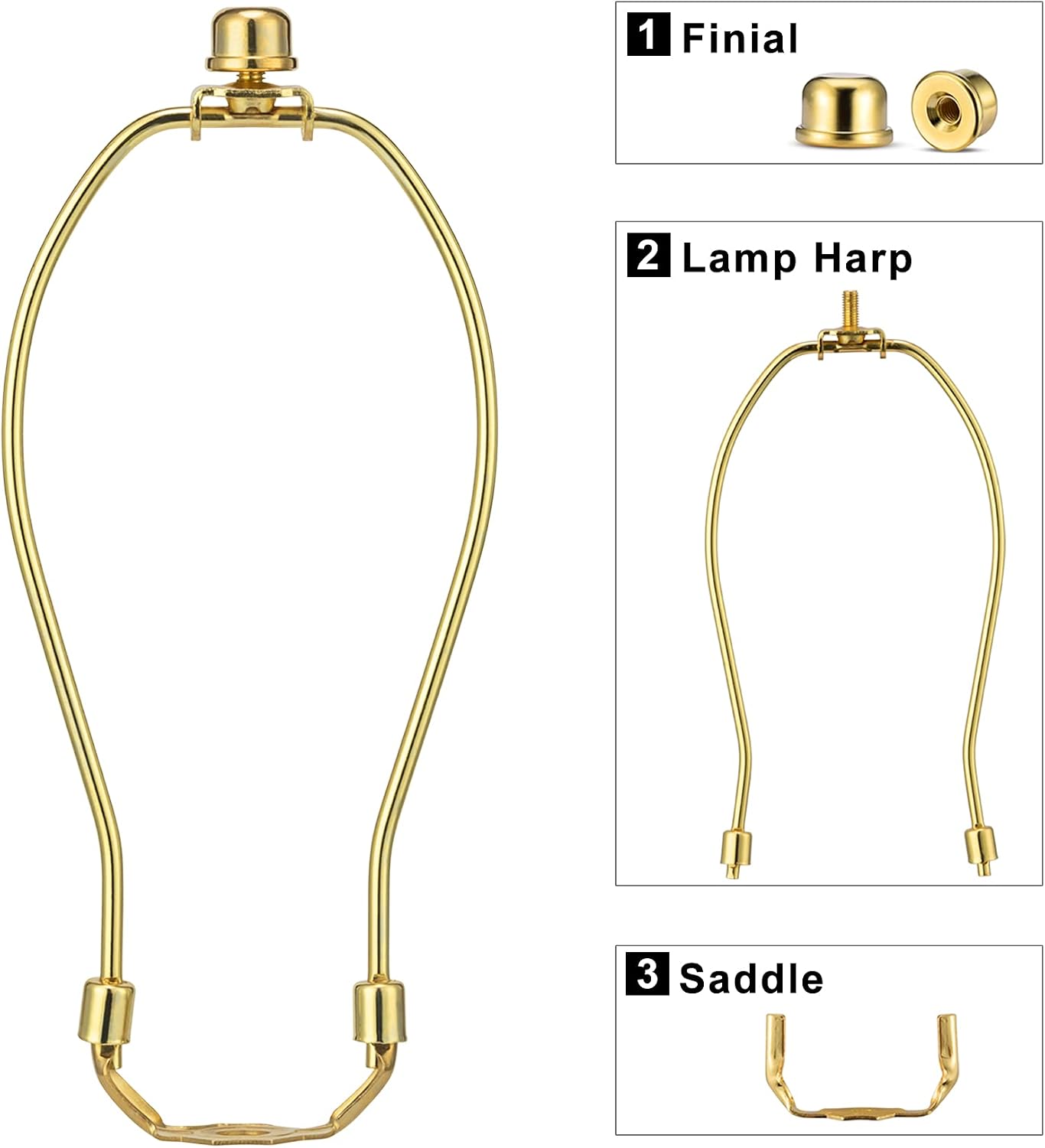 Brass 8 Inch Lamp Harp - 2 Set, Detachable Shade Holder for Table & Floor Lamps, Heavy Duty Bracket with Standard Saddle & Finial