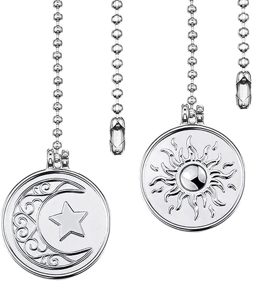 Ceiling Fan Pull Chain Sun Moon Pattern,2 Pcs 12 Inch Beaded Ball Pull Chain Extender Decorative With Connector, Newst Style Fan Light Pendant Extension Decor,Silver