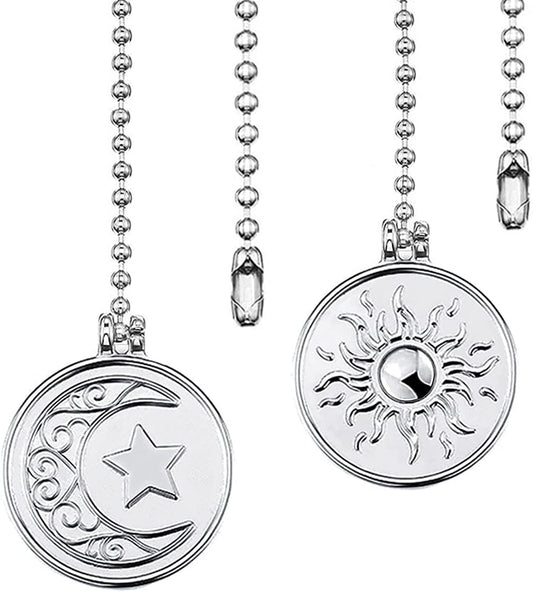 Ceiling Fan Pull Chain Sun Moon Pattern,2 Pcs 12 Inch Beaded Ball Pull Chain Extender Decorative With Connector, Newst Style Fan Light Pendant Extension Decor,Silver