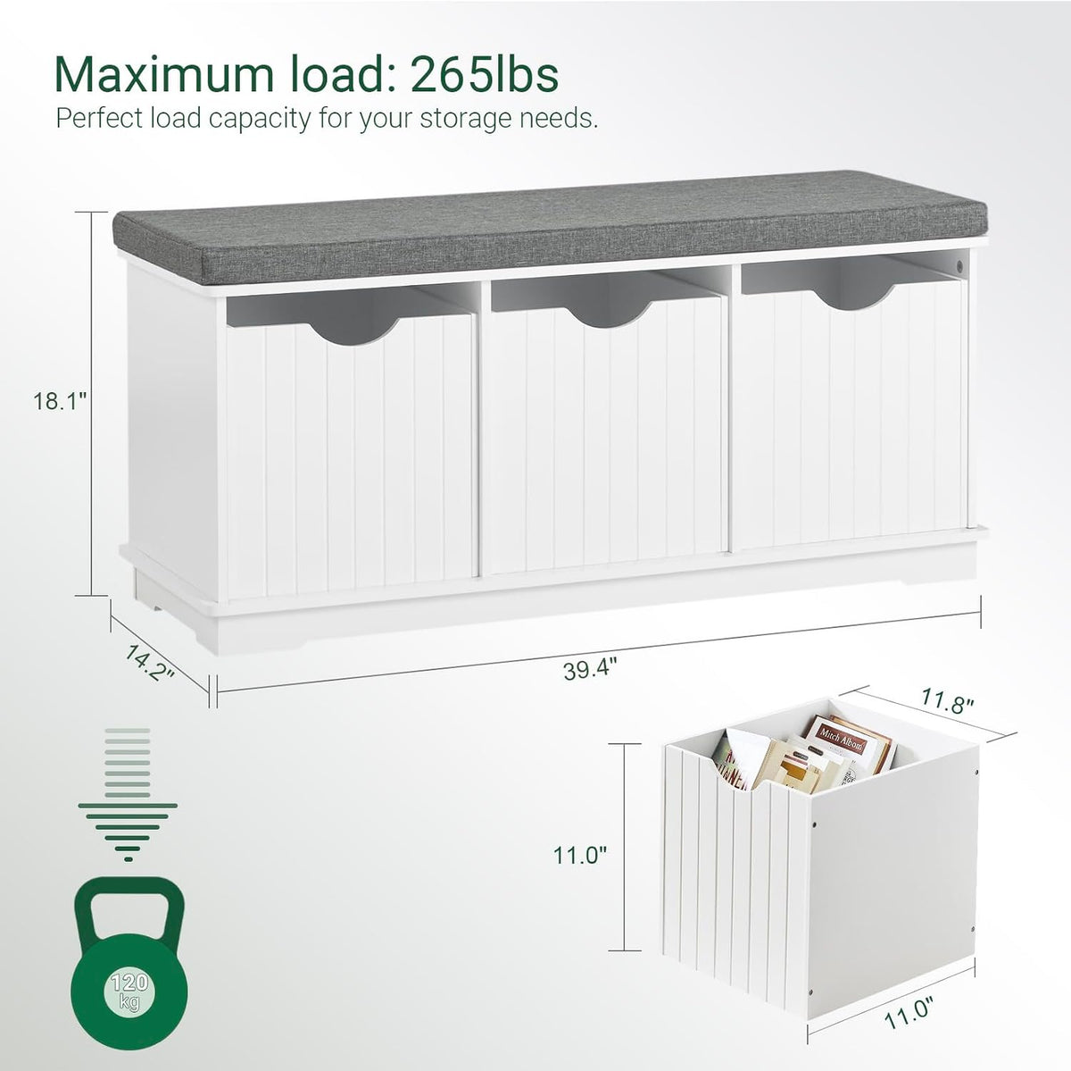 haotian white storage bench with drawers & seat, close-up detail