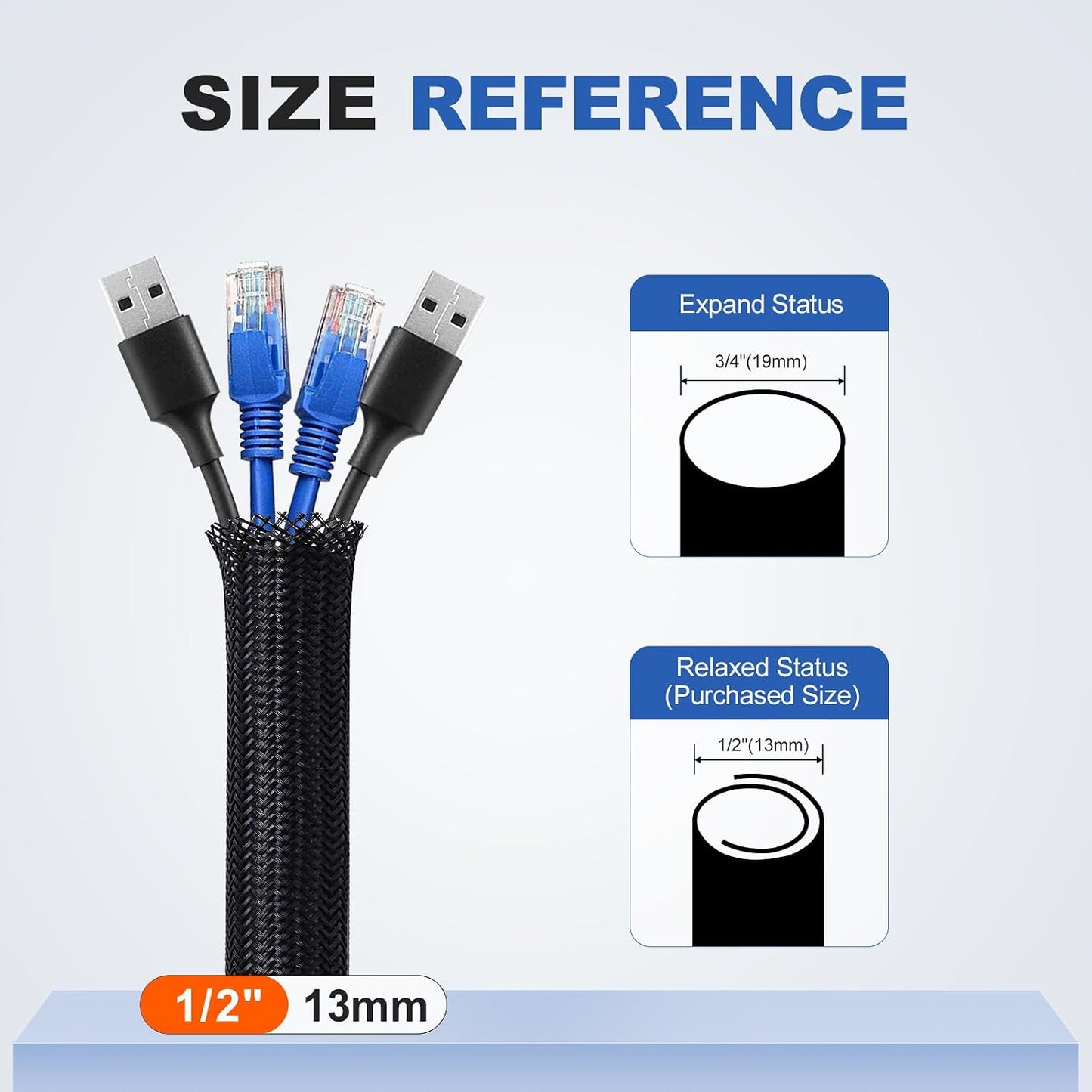 1/2" Cable Management Loom Wrap Sleeve Cord Wire Hider Organizer Covers | ELECFUN 8ft, Split, Braided Protector, Computer USB TV, Protect Cat Dog Pet from Chewing, Self, Black