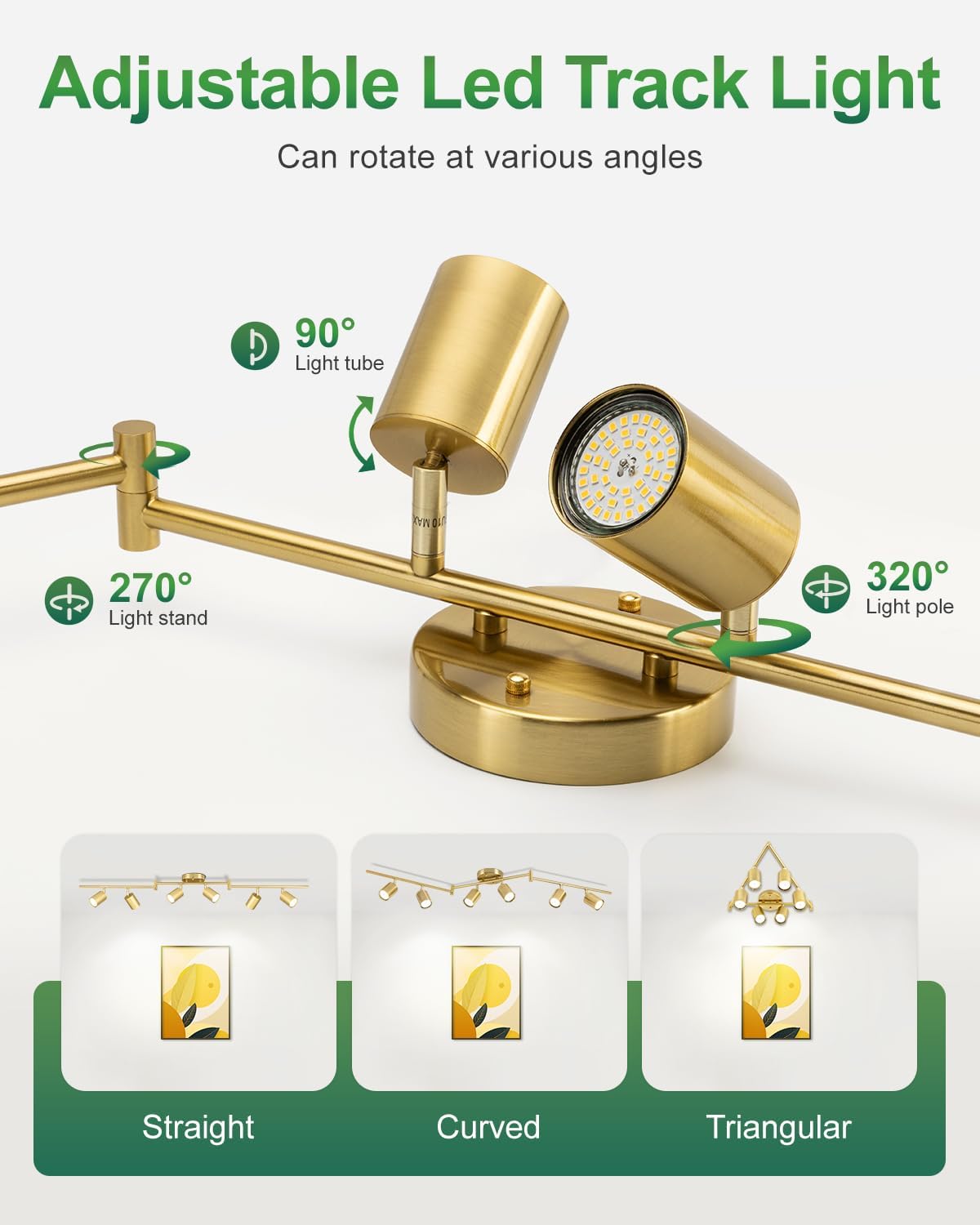 6 Ways Gold Track Lighting Fixtures Ceiling Gu10 Bulbs Not Included | Modern LED Track Light Brushed Gold, Rotatable Heads Foldable Arms, Metal Ceiling Spotlight for Kitchen, Living Room, Hallway