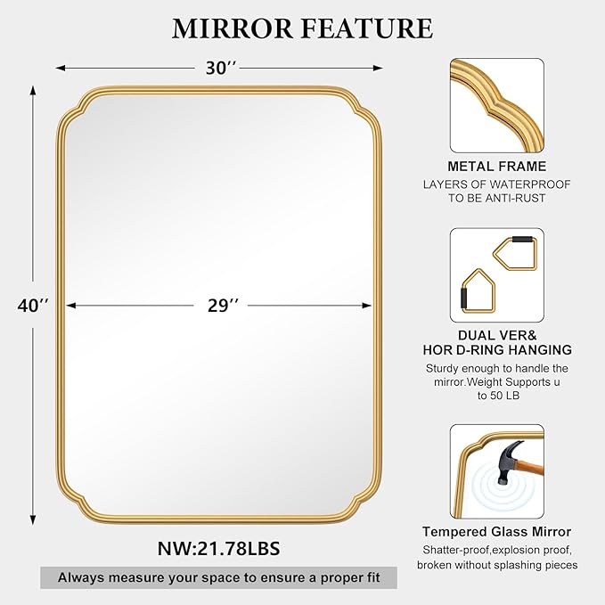30" x 40"Gold Bathroom Mirror for Over Sink, Modern Rounded Corner Rectangle - Image 4