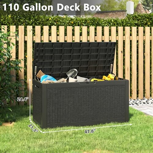 resin outdoor deck storage box waterproof (black, 110, front angle view