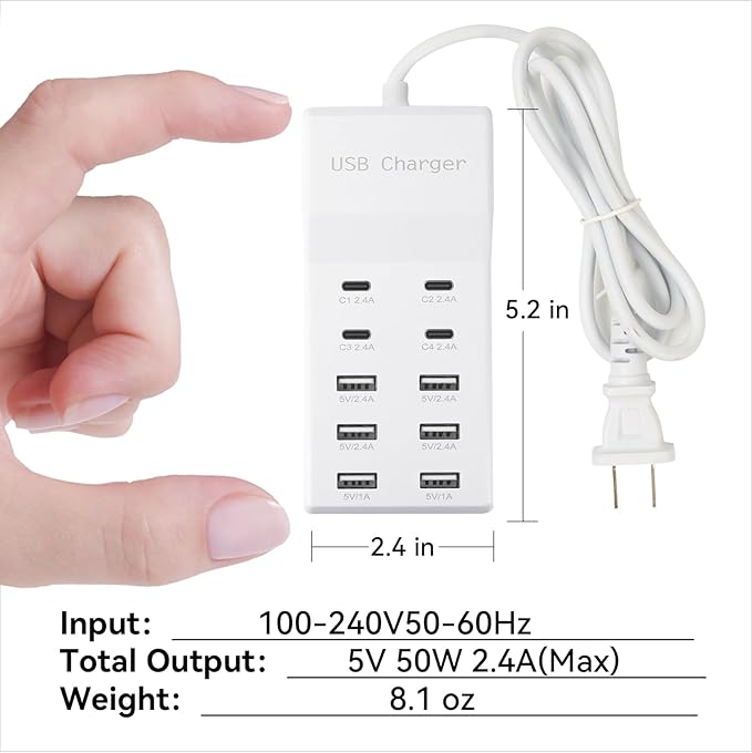 USB Charging Station with 6 USB-A & 4 USB-C Ports, 50W 10A USB Charging Block - Image 6