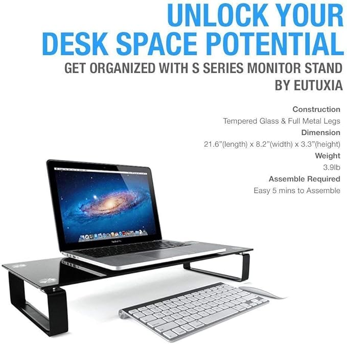 Eutuxia Type-S Black Tempered Glass Monitor Stand, All-In-One Desktop, Printer - Image 2