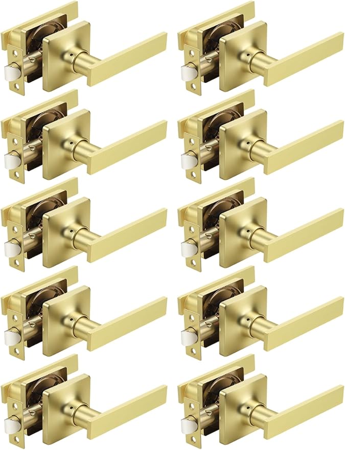 Mengico 10 Pack Passage Door Levers Gold Finish, No-Locking Keyless Square Door by Mengico