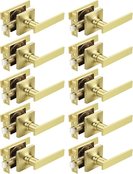 Mengico 10 Pack Passage Door Levers Gold Finish, No-Locking Keyless Square Door by Mengico