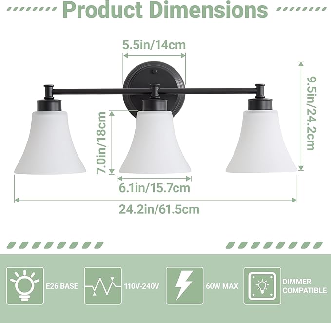 LOUSACE 3 Light Bathroom Vanity Light Matte Black Bathroom Lighting Fixtures - Image 4