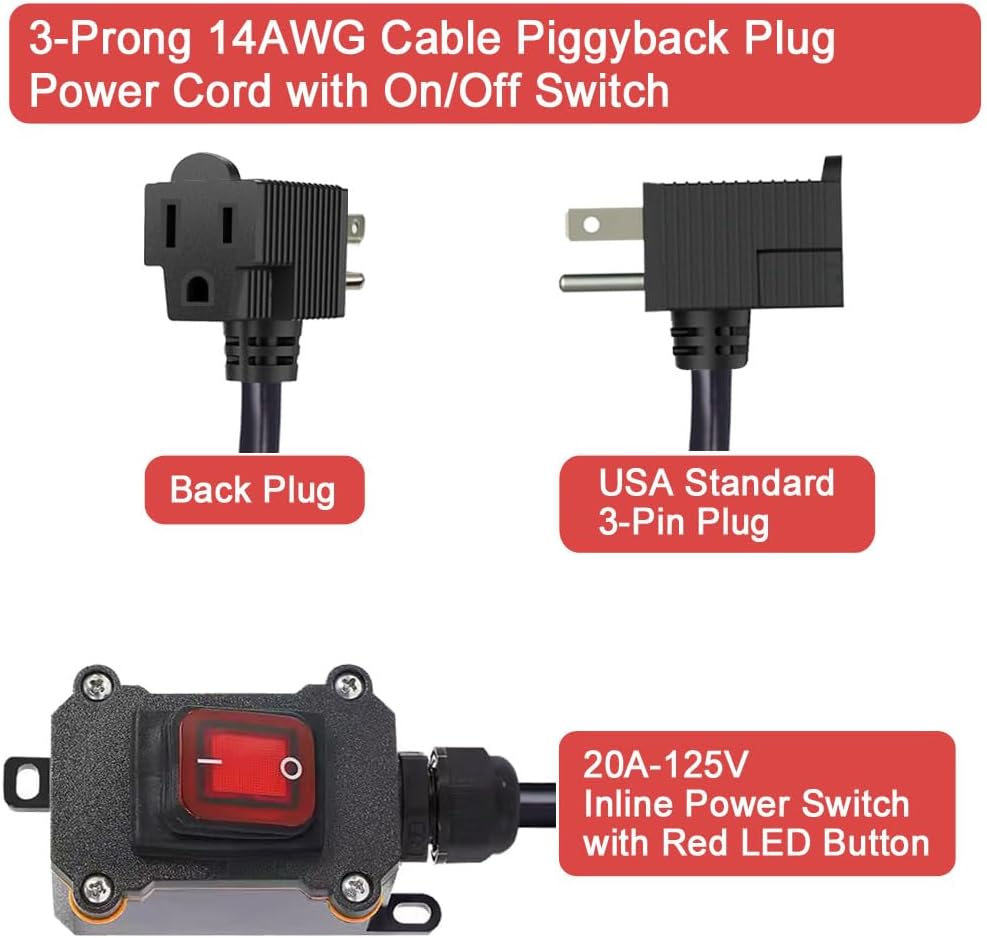 Inline Cord Switch with 3.3FT 14AWG Cable Piggyback Plug(3-Pronged), IP67 Waterproof Extension Cord with On/Off, AC/DC 20A-125V Inline Power Switch with Red LED Rocker Button