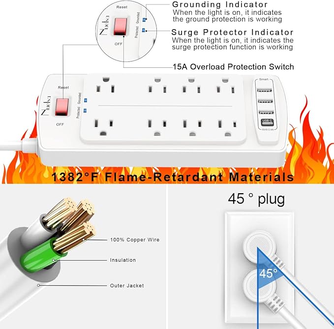 6FT Surge Protector Power Strip, Nuetsa Extension Cord - Image 6