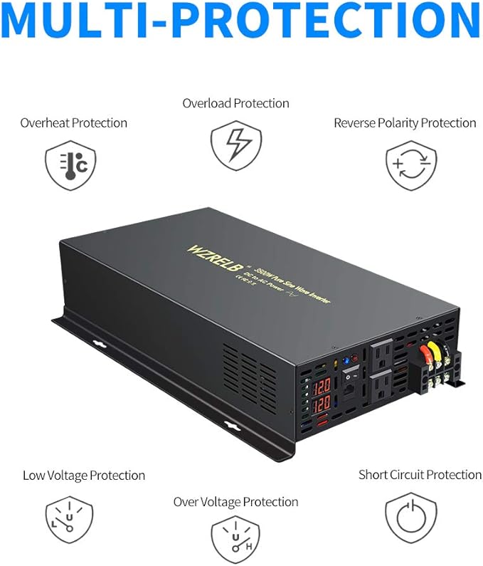 WZRELB 3500W 12VDC 120VAC Pure Sine Wave Power Inverter, 2 AC Outlets, Wired - Image 6