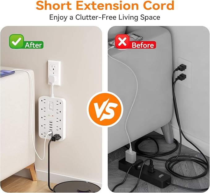 Short Extension Cord with USB and USBC Ports, Flat Outlet Extender with 10 AC - Image 6