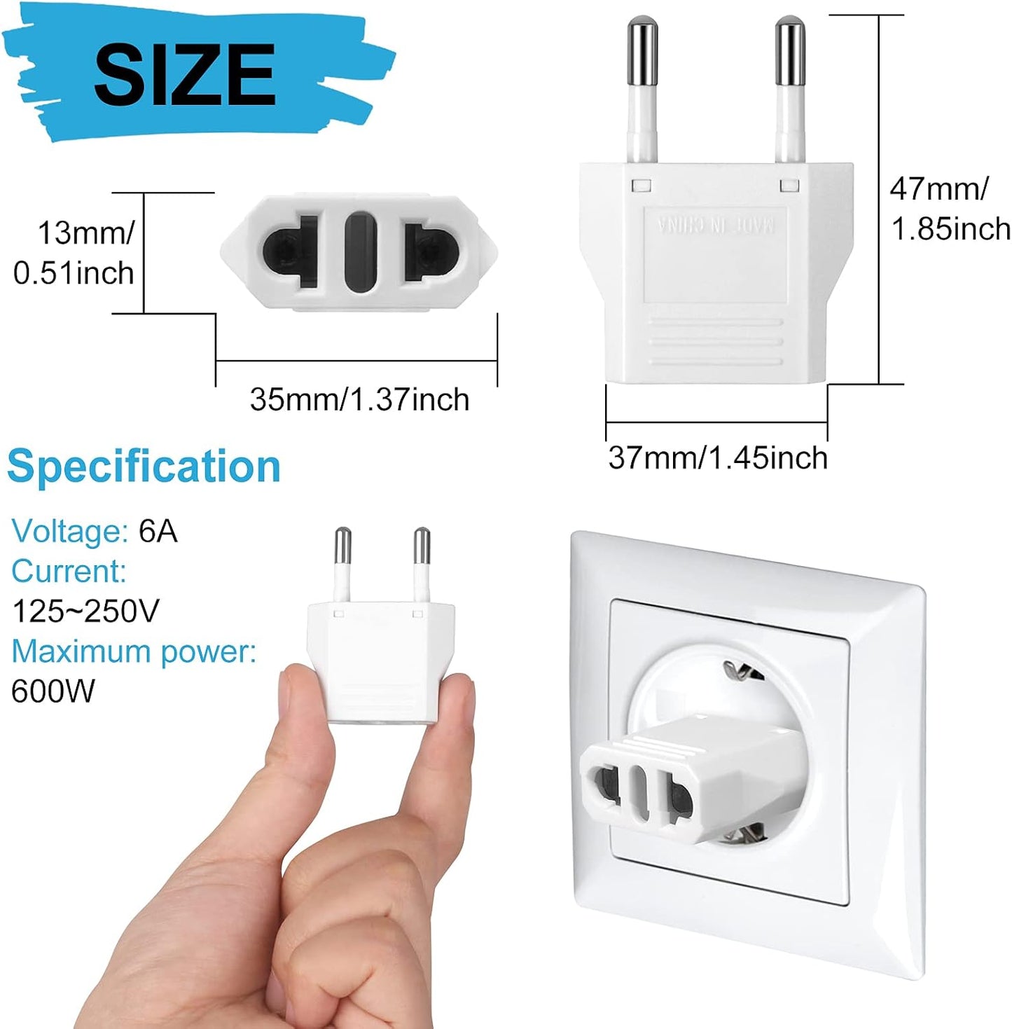 12 Pack White US to Europe Travel Adapter - Type C Plug Adapter for European Outlets