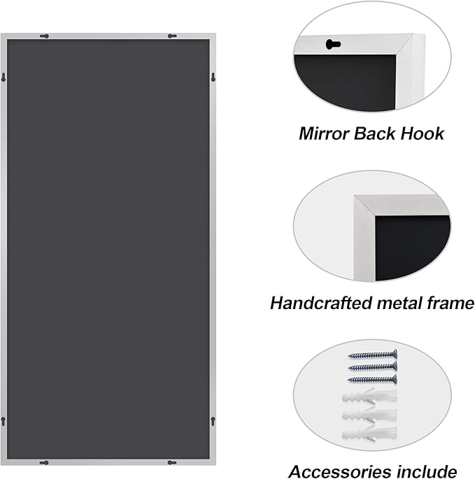 48x24In Silver Bathroom Mirror for Wall, Brushed Nickel Rectangle Mirrors - Image 7