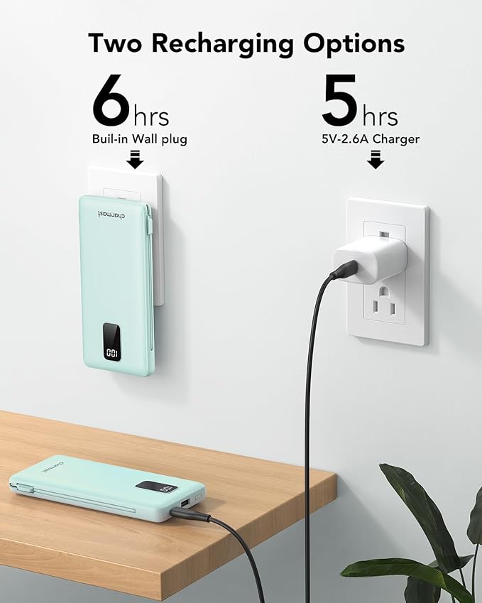 charmast Portable Charger with Built-in Cables and Plug, 10000mAh USB C Power - Image 4