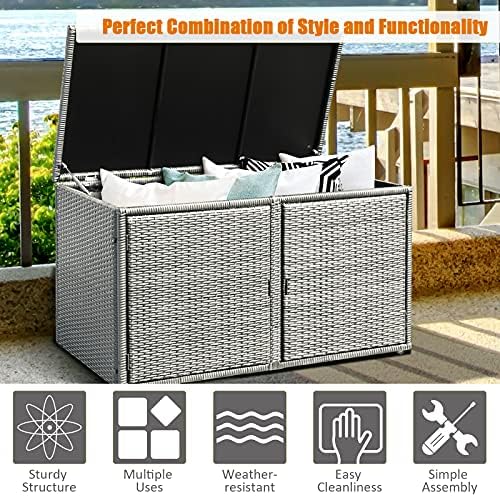 dortala 88 gallon deck box organizer, wicker large showing dimensions