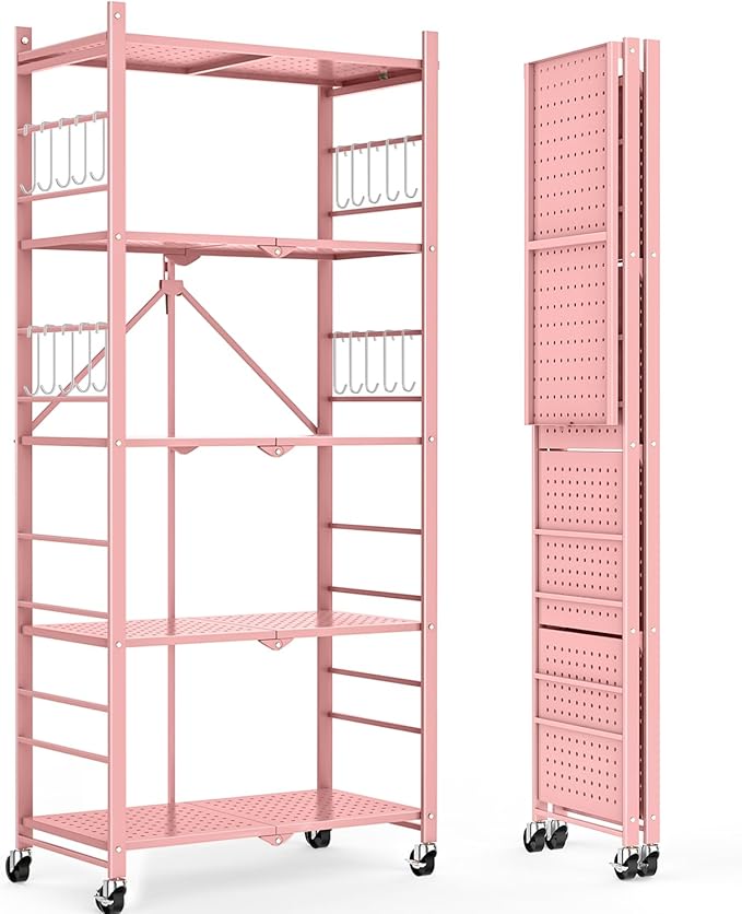 Storage Shelves with 20 Hooks, 5-Tier Foldable Shelves by Himix