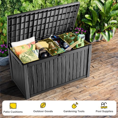 260 gallon large outdoor storage box, black showing dimensions