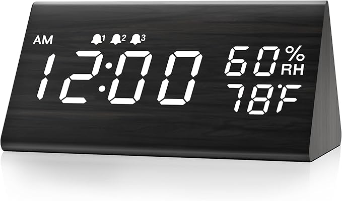 Digital Alarm Clock, with Wooden Electronic LED Time Display, 3 Alarm Settings by JALL