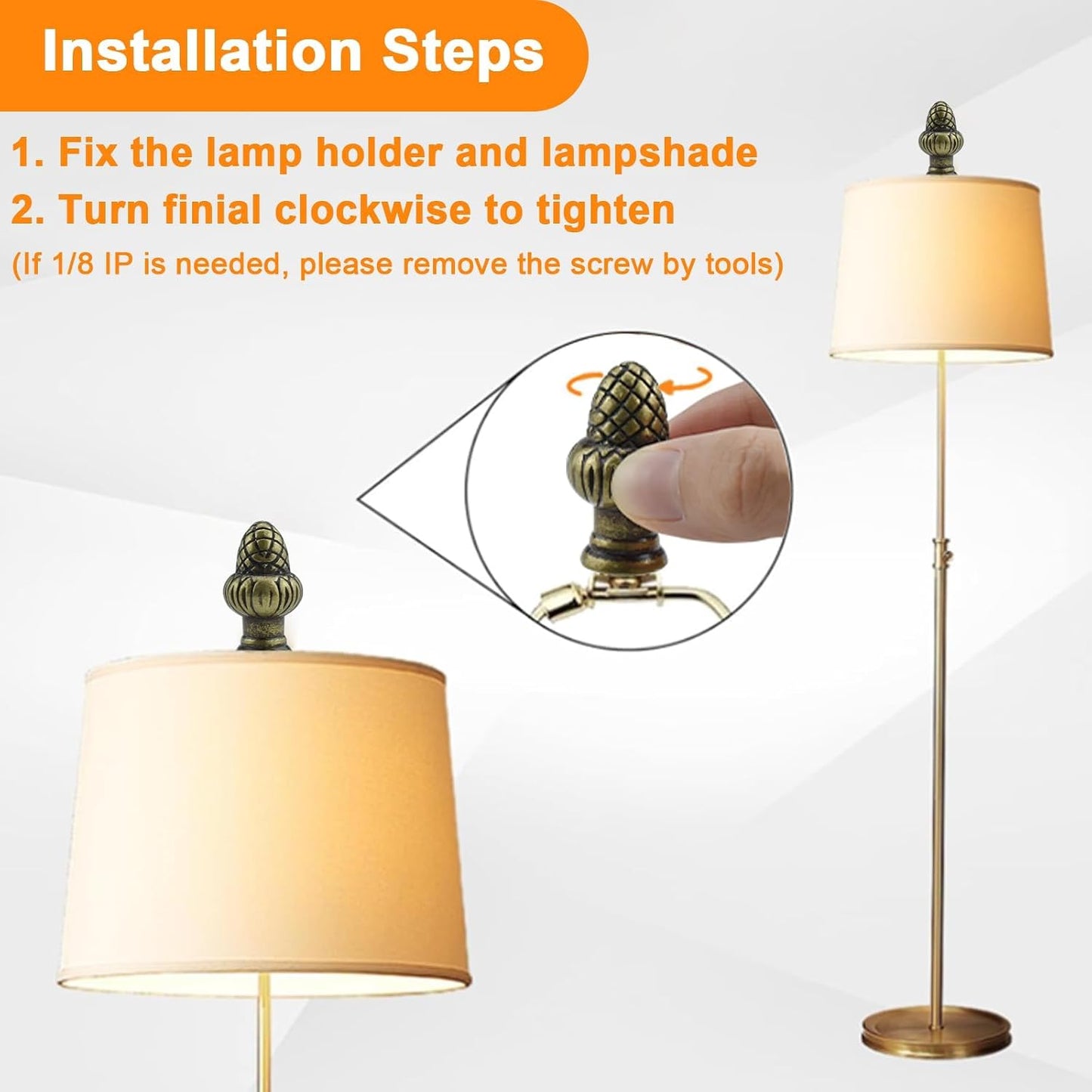 Bronze Brass Solid Lamp Finial Cap Knob Retro Lamp Finial Decoration with Dual-Thread Screw for Lamp Shade Holder Harp Tops, Fit Both 1/8 IP(3/8") and 1/4-27, 2 Pack