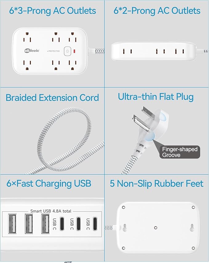 Flat Multi Plug Extender with 6 USB Wall Charger, 12 AC Outlets Wall Adapter - Image 6