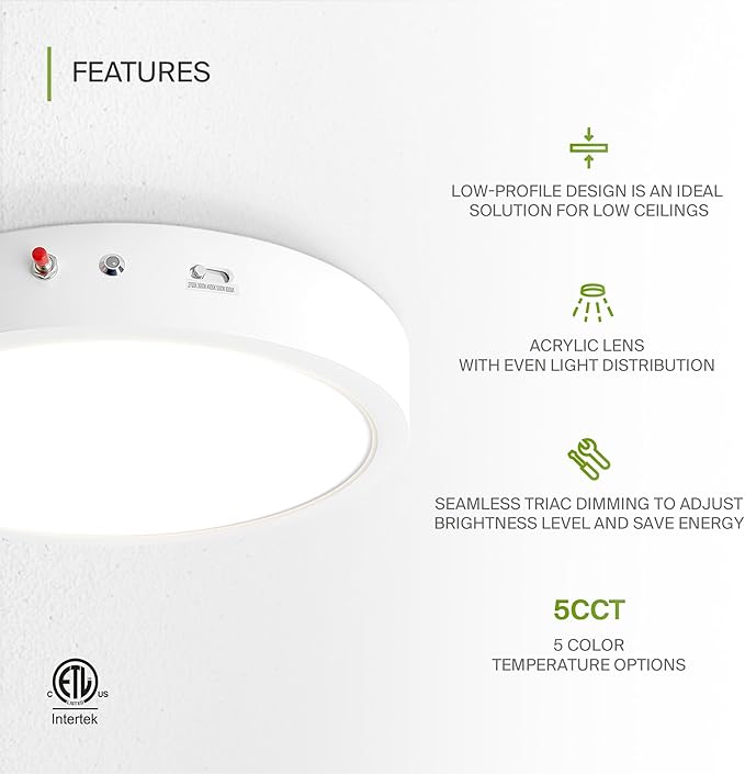 ASD LED 12" Round Flush Mount Ceiling Light Fixture, Low Profile Surface - Image 3