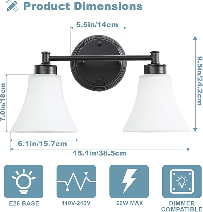 LOUSACE 2 Light Bathroom Vanity Light Matte Black Bathroom Lighting Fixtures - Image 5