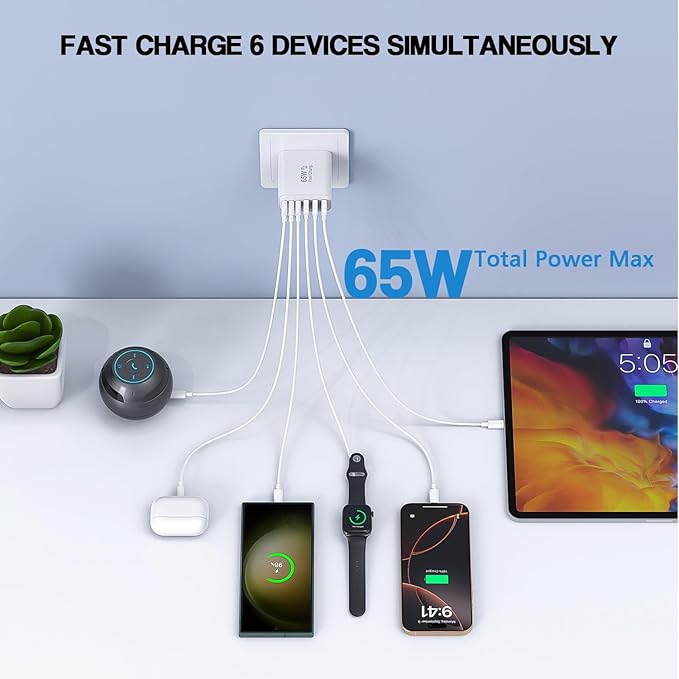 3 Pack 65W GaN Type C Wall Charger Block, 6-Port Fast Charging Block, PD USB C - Image 2