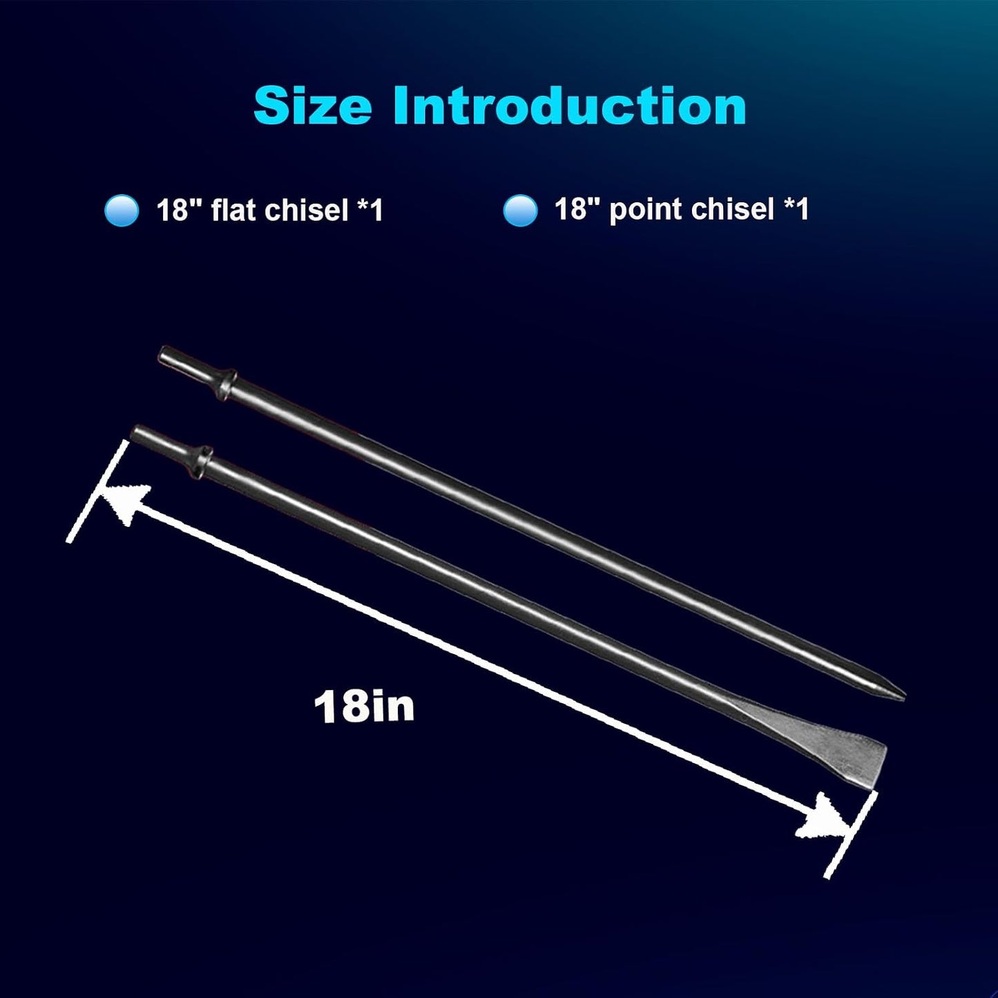Pneumatic Cold Chisel Set, 3/4" Width 18" Long Air Pneumatic Hammer, Flat and Point Chisels with Round Collar for Concrete and Tile, Air Hammer Punch Chipping Bits Tool, Cr-Mo Alloy Steel
