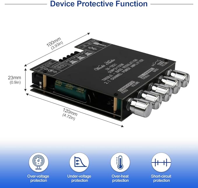 Bluetooth Audio Amplifier Board, ZK-TB21 2.1CH 50W x 2 +100W Subwoofer Power Amp - Image 6