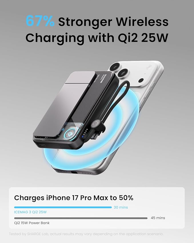 sharge ICEMAG 3 MagSafe Portable Charger, Qi2 25W Magnetic Power Bank 10000mAh - Image 2