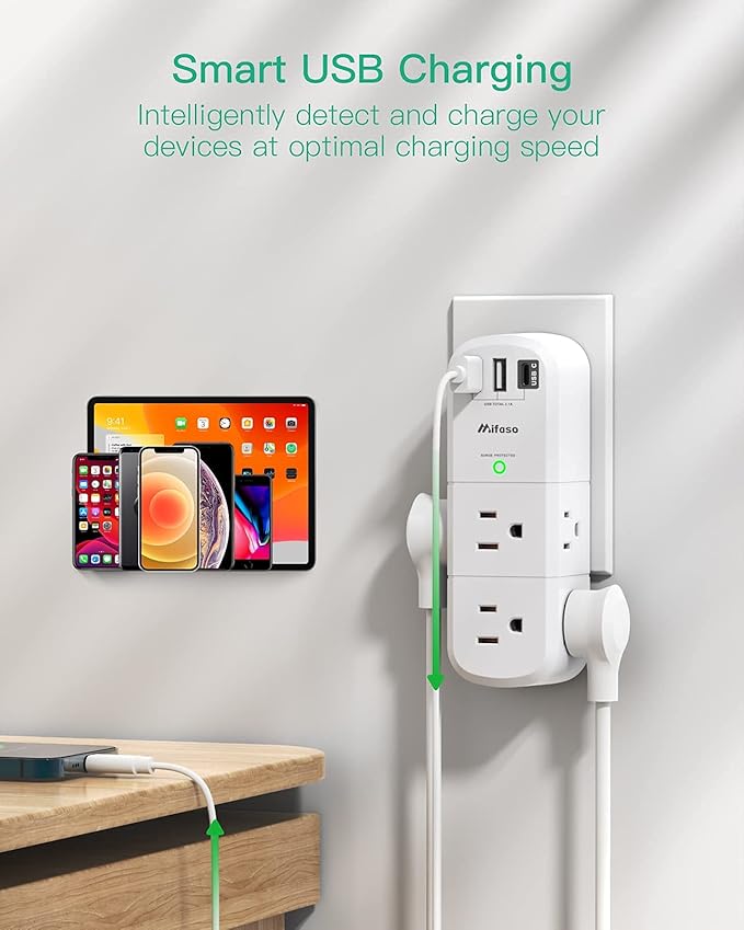 Outlet Extender with Rotating Plug, Mifaso Surge Protector 6 AC Multi Plug Wall - Image 3