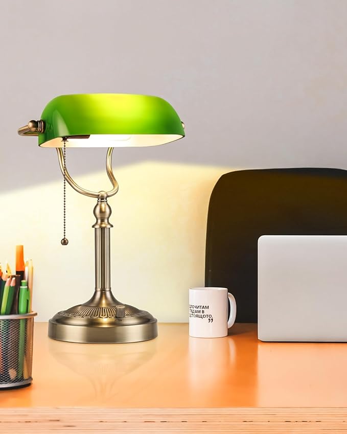 Newrays Green Glass Bankers Desk Lamp, Stepless Dimmable Table Lamp Plug in - Image 2