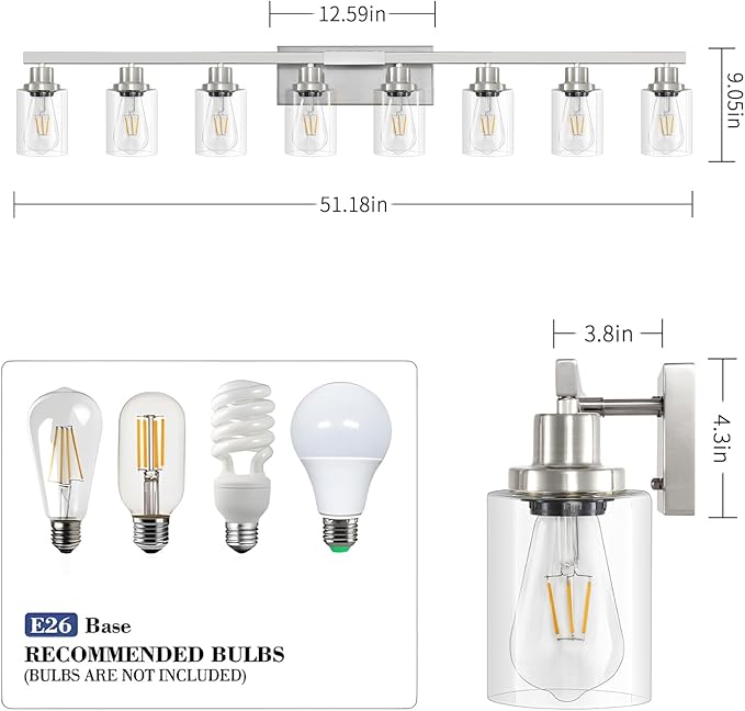 DIKAIDA 52inch Brushed Nickel Vanity Light Fixtures, 8 Light Brushed Nickel - Image 3
