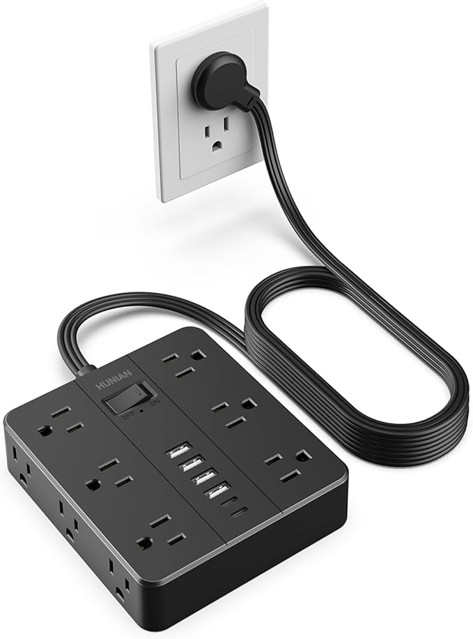 Surge Protector Power Strip 15 Ft Cord, HUNIAN Flat Plug Extension Cord by HUNIAN