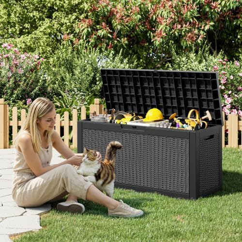 kamaboko outdoor storage box, 65 gallon deck box on a desk or shelf