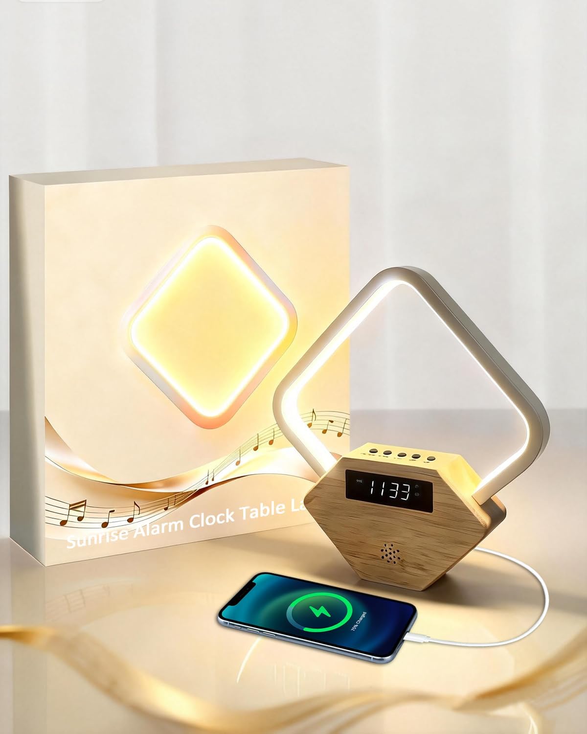 Wood Sunrise Alarm Clock with White Noise Machine 3 Color Night Light 15