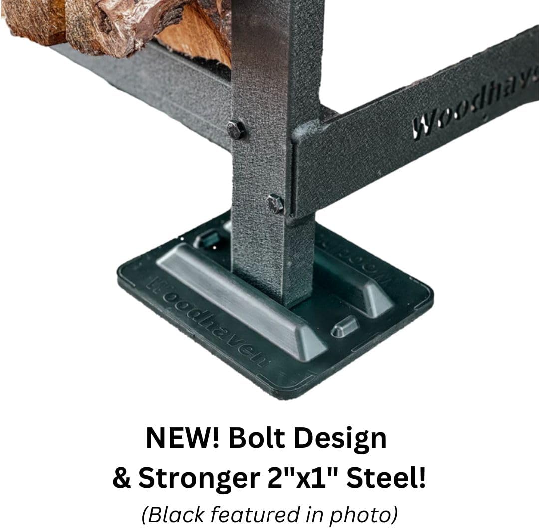 woodhaven 3-foot brown raised firewood rack, 1/8 cord, close-up detail