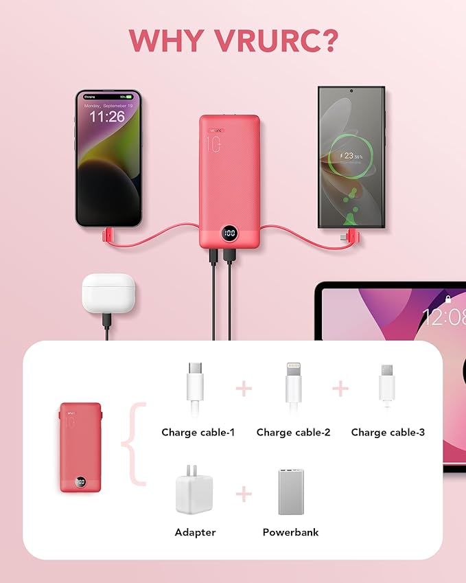 Portable Charger Built-in Cables and AC Wall Plug, VRURC USB C Power Bank - Image 4