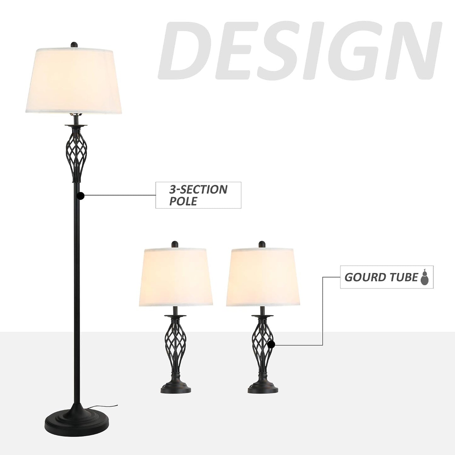 HOMCOM 3 Piece Table Floor Lamp Set with Metal Pole Round Base Black/White | Fabric Lampshade, for Living Room