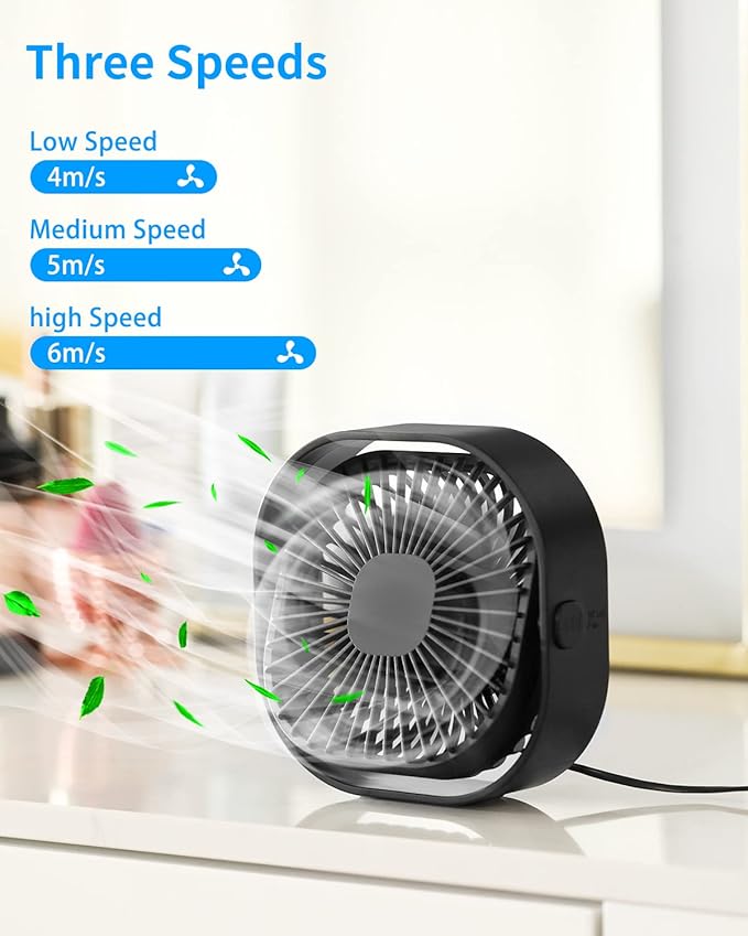 RJVW 4 Inch Small USB Desk Fan, 3-Speed Portable & 360°Rotatable Mini Cooling - Image 4