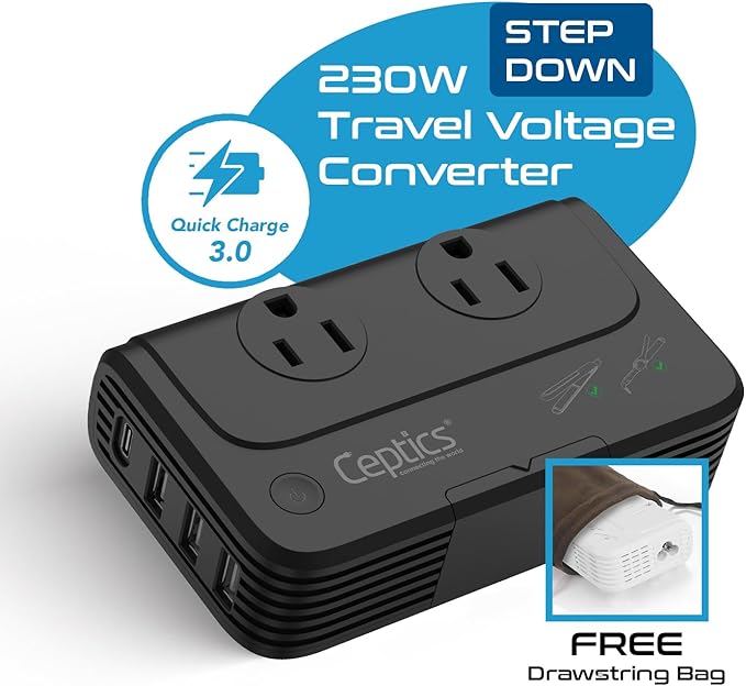 Ceptics - 6 in 1 Travel Adapter and Voltage Converter, 220V to 110V Converter - Image 2